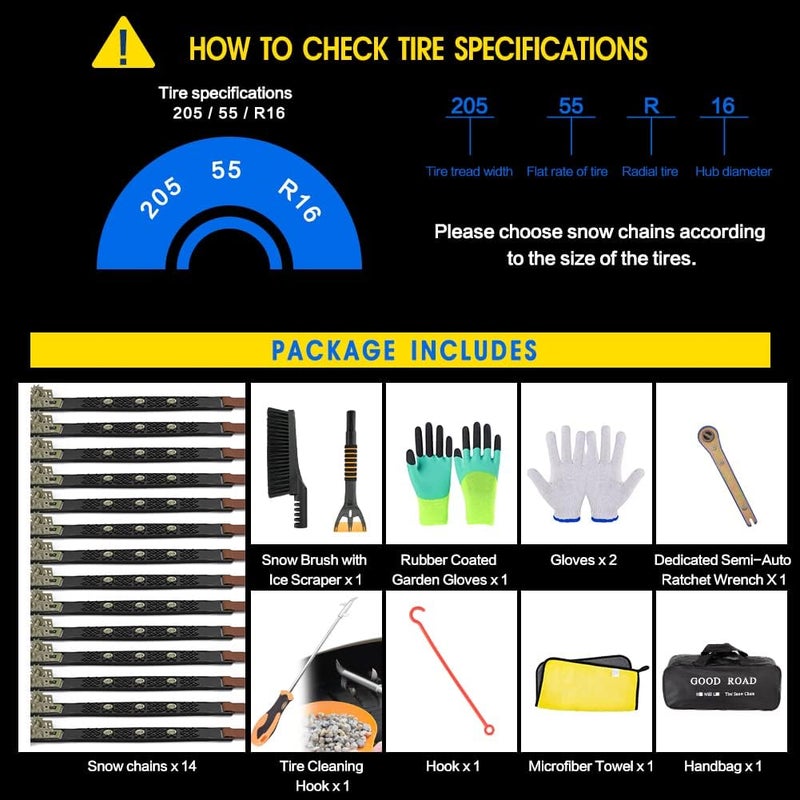 Mistriddle Snow Chains, Anti Slip, Non-metallic, Emergency Tire Chains Suitable for Cars, Trucks, Pickup, SUVs with Tire Width of 165-255mm(14 Pack, Black) - Image 5